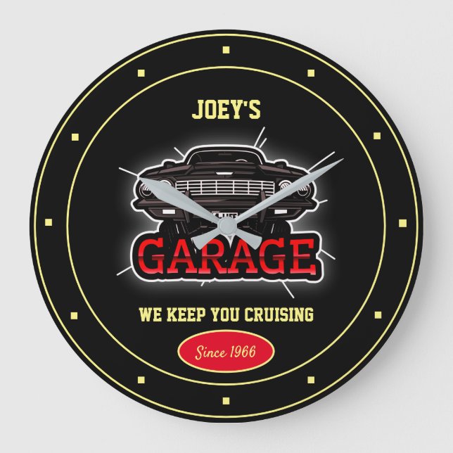 Any Name Garage Car Graphic Fun Slogan Black Large Clock (Front)