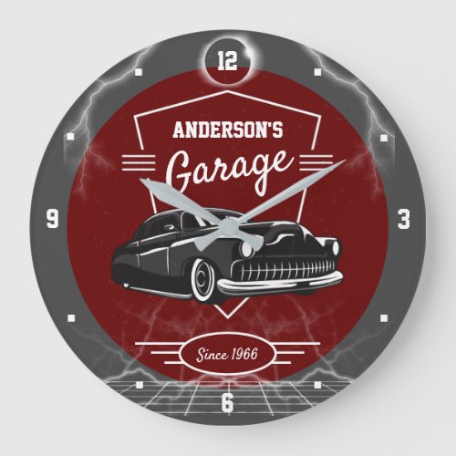 Any Name Garage Dark Red Vintage Lead Sled Car  Large Clock