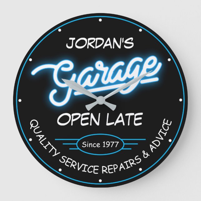 Any Name Garage Date Blue Red Retro Faux Neon  Large Clock (Front)