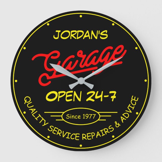 Any Name Garage Date Yellow Red Retro Black Large Clock (Front)