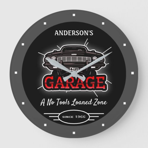 Any Name Garage Retro Car Since Date Grey Black Large Clock