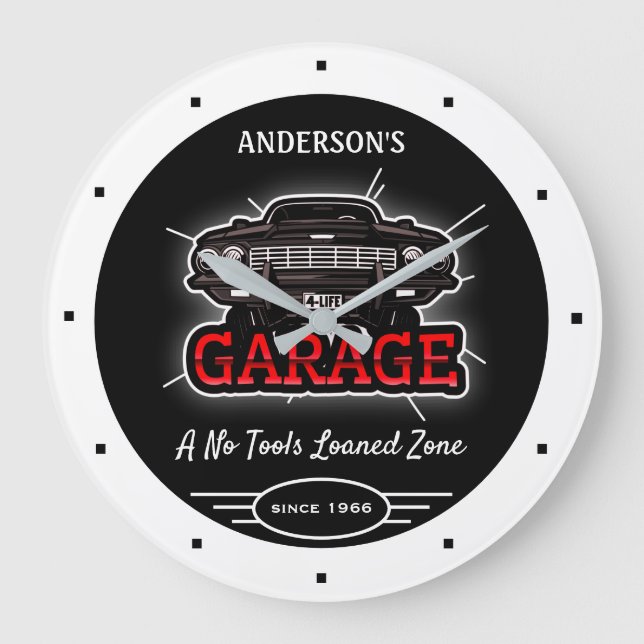 Any Name Garage Retro Car Since Date White Black Large Clock (Front)