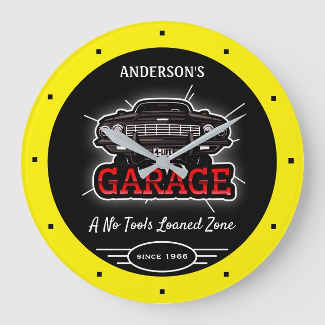 Any Name Garage Retro Car Since Date Yellow Black  Large Clock (Front)