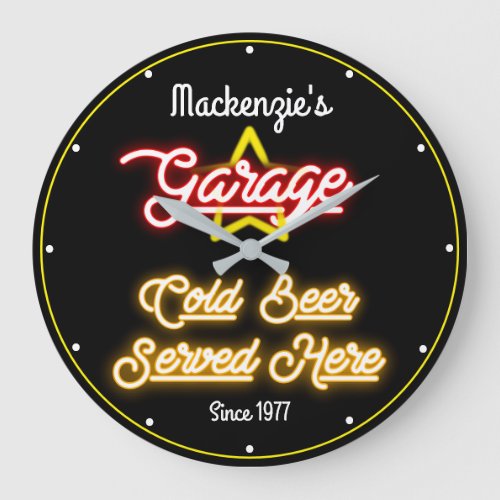 Any Name Garage Retro Faux Red Yellow Neon Black Large Clock