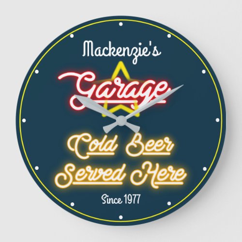Any Name Garage Retro Faux Red Yellow Neon Dk Blue Large Clock