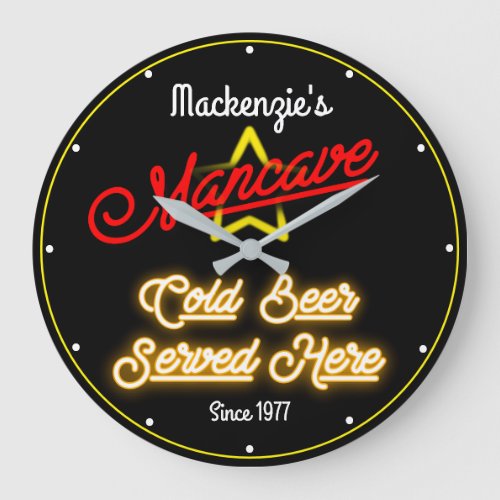 Any Name Mancave Retro Faux Red Yellow Neon Black Large Clock