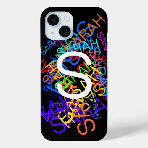 Any Name  Monogram Bright Colors  Black iPhone 15 Case