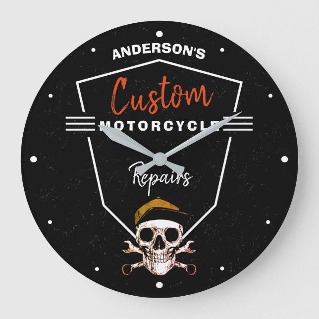 Any Name Motorcycle Repair Custom Mechanic Skull   Large Clock (Front)