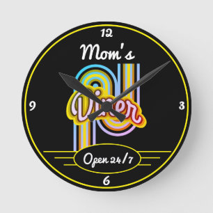 Any Name Open 24/7 Retro Fifties Colors Black Round Clock
