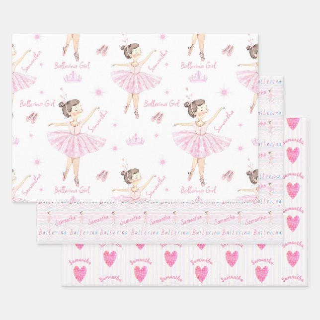Any Name Pretty Pink & White Ballerina Wrapping Paper Sheets (Set)