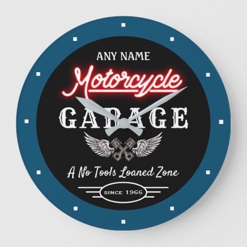 Any Name Red Faux Neon Garage Date Blue Black  Large Clock