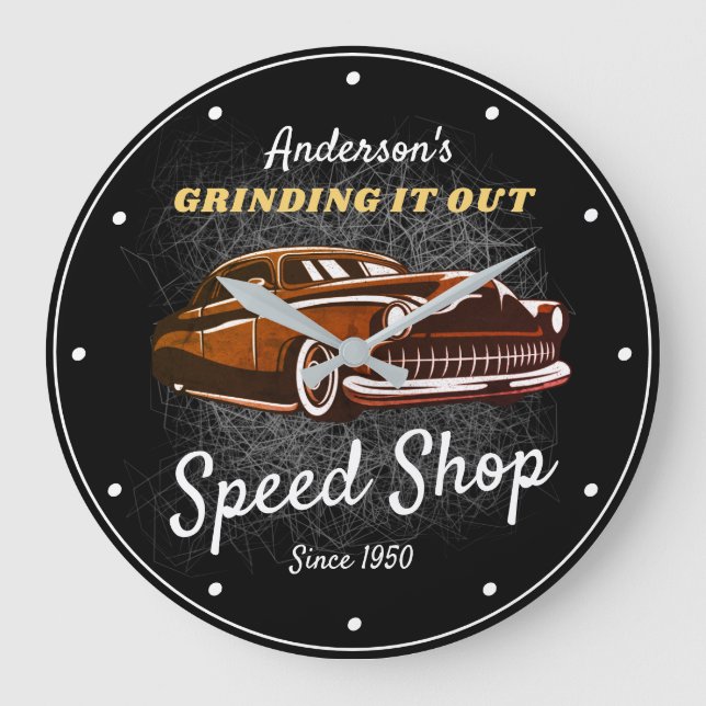 Any Name Speed Shop Slogan Vintage Car on Black  Large Clock (Front)