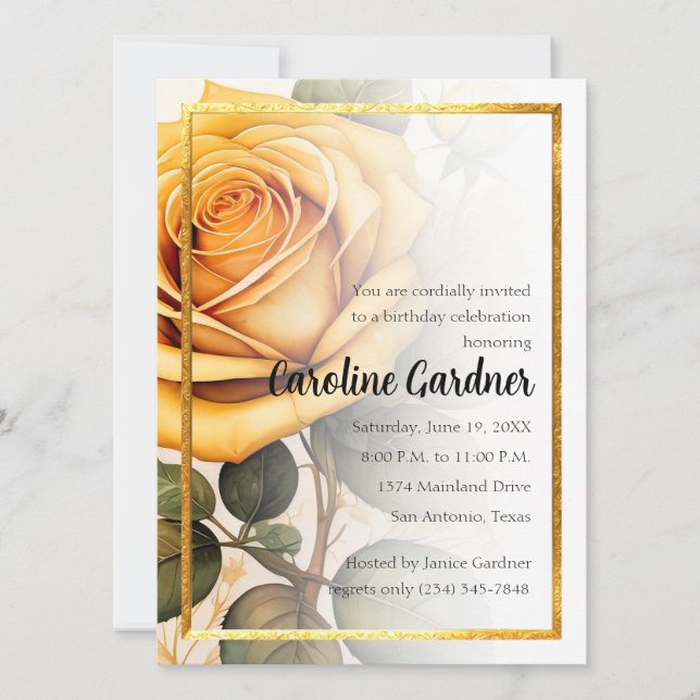 Any Number Birthday Invitation Yellow Roses Gold (Front)