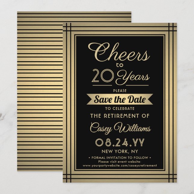 ANY Number Retirement Party Cheers Black and Gold Save The Date (Front/Back)
