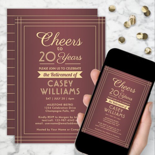 ANY Number Retirement Party Cheers Burgundy  Gold Invitation