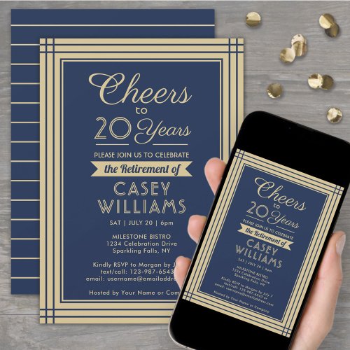 ANY Number Retirement Party Cheers Navy and Gold Invitation