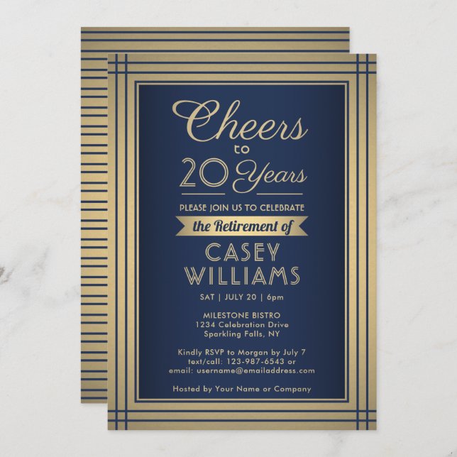 ANY Number Retirement Party Cheers Navy Blue Gold Invitation (Front/Back)
