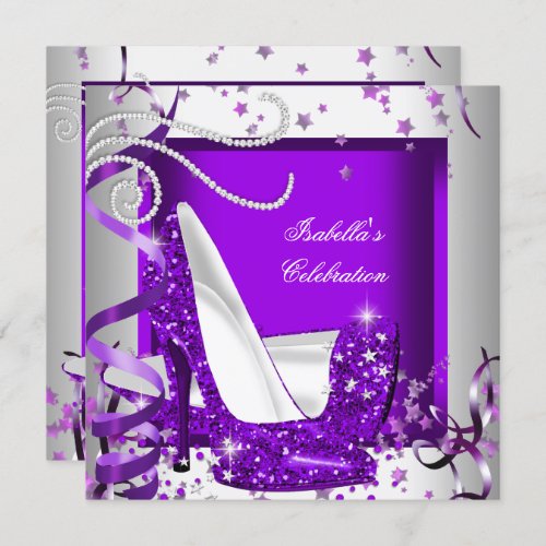 Any Occasion Party Glitter Hot Purple High Heels Invitation