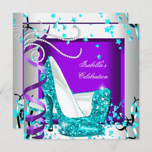 Any Occasion Party Glitter Teal Purple High Heels Invitation