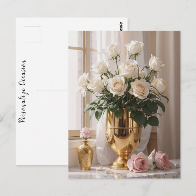 Any Occasion Rose Bouquet Gold Vase In Sunlight Postcard (Front/Back)