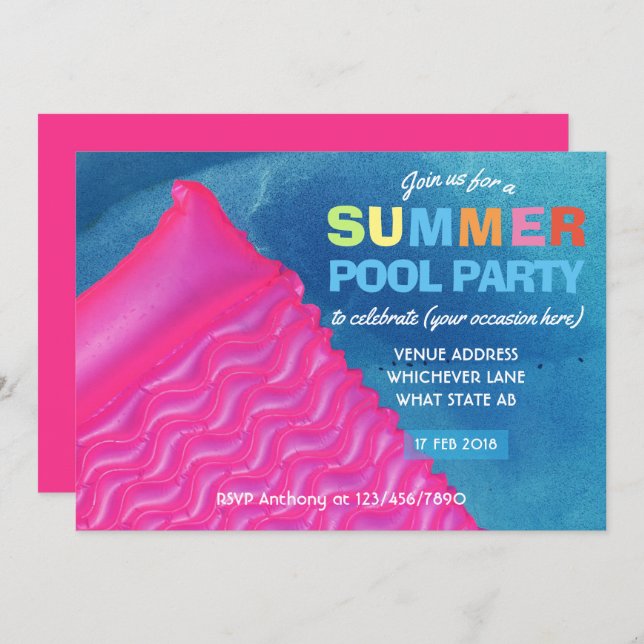 Any occasion Summer Pool Party Invitation (Front/Back)