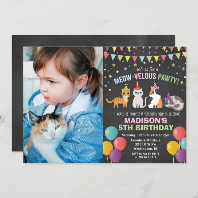 ANY PHOTO - Cat Kitten Birthday Chalk Invitation (Front/Back)