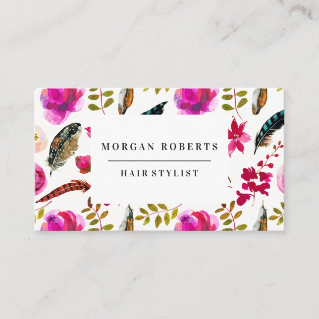 Any Profession Pink Boho Feather Flowers Business Card (Front)