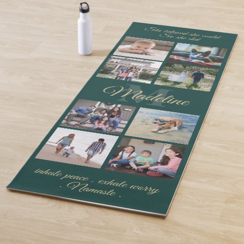 Any Quote 16 Photo Collage Monogram Green  Gold Yoga Mat