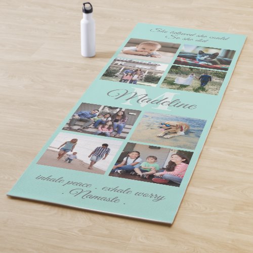 Any Quote 16 Photo Collage Monogram Teal Blue Yoga Mat
