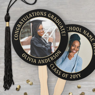 Any Quote 2 Photo Black and Gold Modern Graduation Hand Fan
