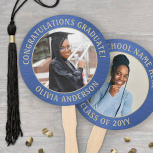Any Quote 2 Photo Brushed Blue and Gold Graduation Hand Fan