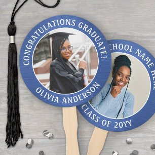 Any Quote 2 Photo Brushed Blue & White Graduation Hand Fan