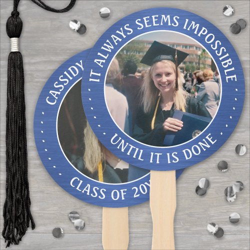 Any Quote 2 Photo Brushed Blue  White Graduation Hand Fan