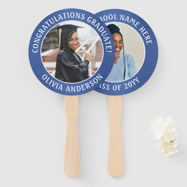 Any Quote 2 Photo Brushed Blue & White Graduation Hand Fan (Front and Back)