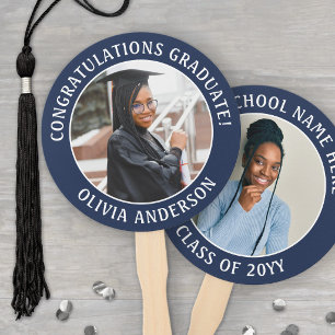 Any Quote 2 Photo Navy Blue and White Graduation Hand Fan