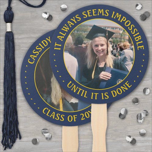 Any Quote 2 Photo Navy Blue Gold Yellow Graduation Hand Fan