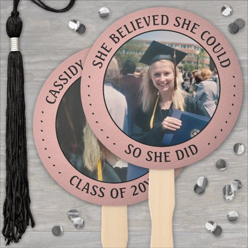 Any Quote 2 Photo Pink and Black Modern Graduation Hand Fan