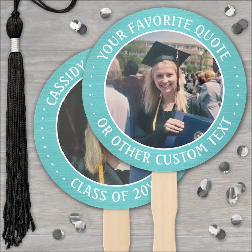 Any Quote 2 Photo Teal Blue and White Graduation Hand Fan
