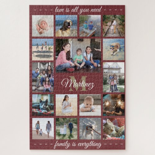 Any Quote Family Photo Collage Burgundy Monogram Jigsaw Puzzle