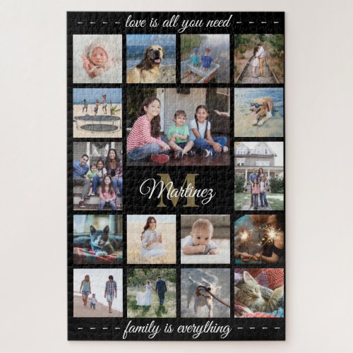 Any Quote Family Photo Collage Gold Black Monogram Jigsaw Puzzle