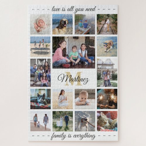 Any Quote Family Photo Collage Gold White Monogram Jigsaw Puzzle