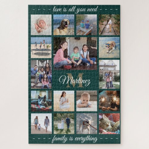 Any Quote Family Photo Collage Green Gold Monogram Jigsaw Puzzle