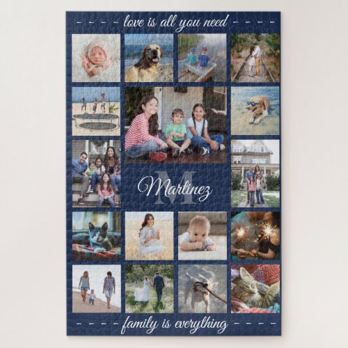 Any Quote Family Photo Collage Navy Blue Monogram Jigsaw Puzzle