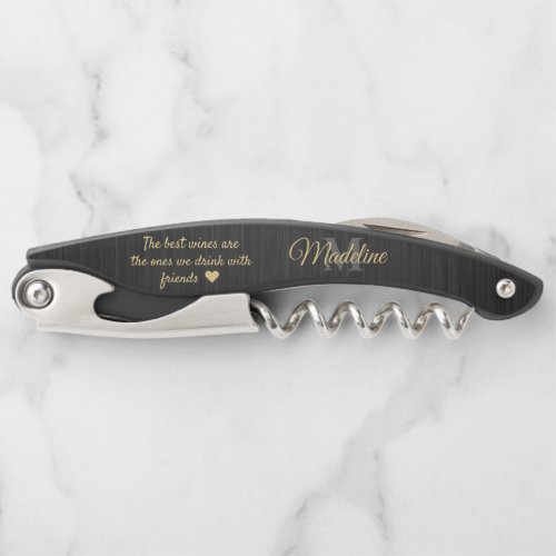 Any Quote Script Monogram Brushed Black Gold Gray Waiters Corkscrew