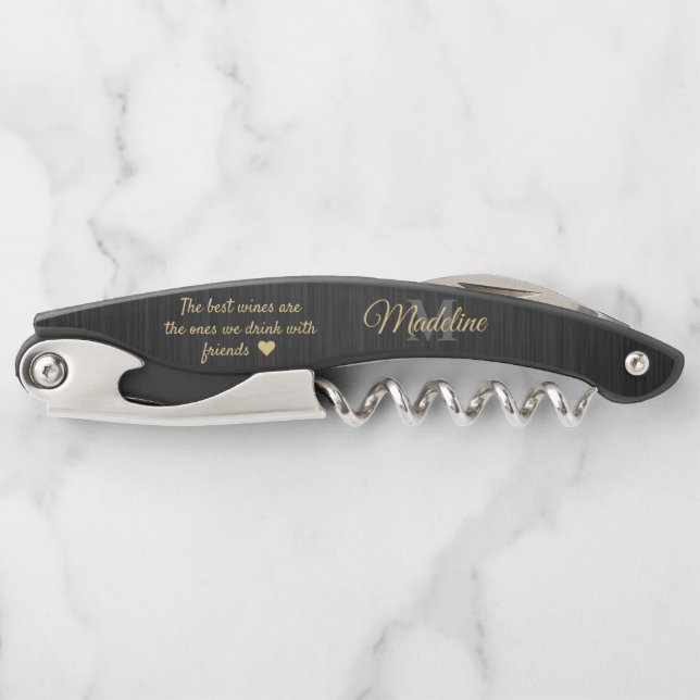 Any Quote Script Monogram Brushed Black Gold Gray Waiter's Corkscrew (Front)