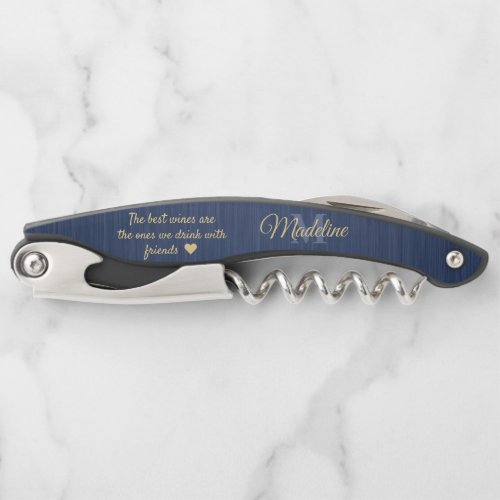 Any Quote Script Monogram Brushed Blue and Gold Waiters Corkscrew