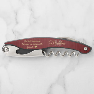 Any Quote Script Monogram Brushed Burgundy & Gold Waiter's Corkscrew