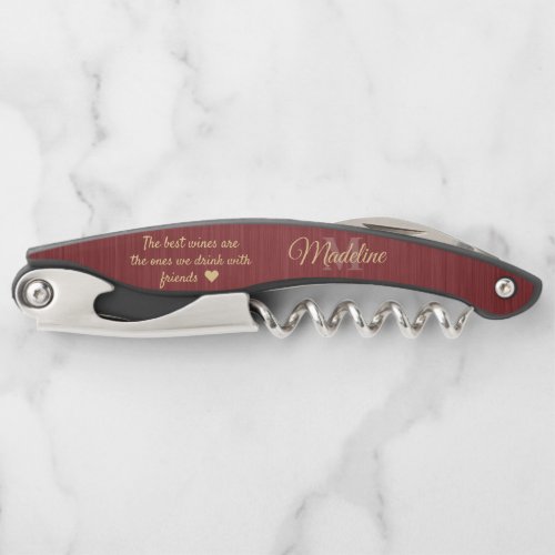 Any Quote Script Monogram Brushed Burgundy  Gold Waiters Corkscrew
