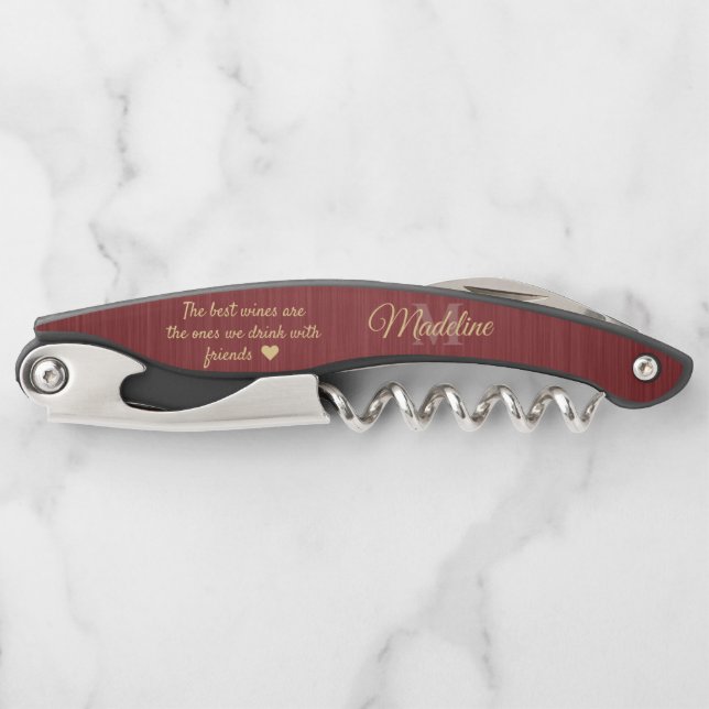 Any Quote Script Monogram Brushed Burgundy & Gold Waiter's Corkscrew (Front)