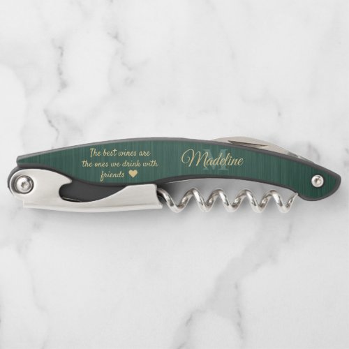 Any Quote Script Monogram Brushed Green and Gold Waiters Corkscrew